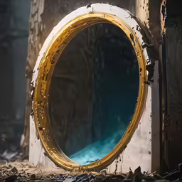 a yellow circle mirror in an old room