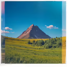 a field with grass, bushes and a large mountain