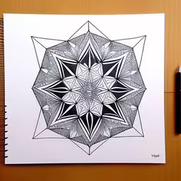 the drawing is drawn and has many details in it,a pen drawing of a star in black and white,the ink drawing on a white book has an intricate design,an open notebook on top of a table with pen on top,a pen is next to a paper with an intricate design