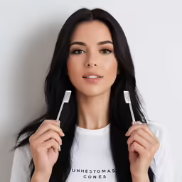 a woman is holding two toothbrushes to her face