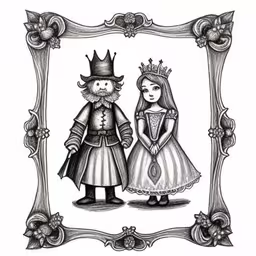 drawing of a girl and a boy dressed in renaissance clothing,a man and woman dressed in medieval costumes, one wearing a crown