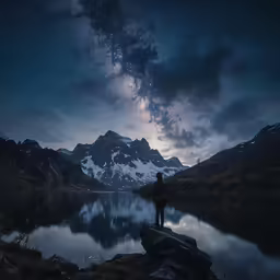 a person is standing on the shore at night, with the starr filled sky reflected in the lake
