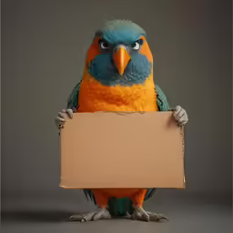 colorful bird sitting in front of an empty sign