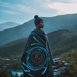 a woman wearing a blue robe and beanie is standing outside