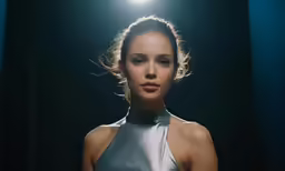a woman with a microphone is shown at night