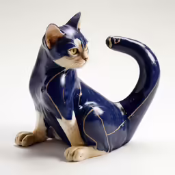 a blue cat statue on a white surface