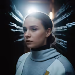 a woman wearing a star trek outfit in the dark