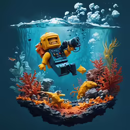 a underwater scene with a lego man riding a jet