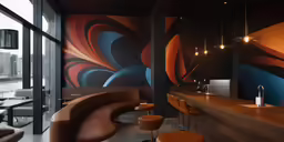 a large lobby with modern furniture and a painting