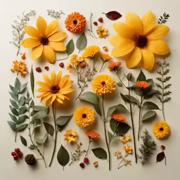 a group of yellow flowers and green leaves