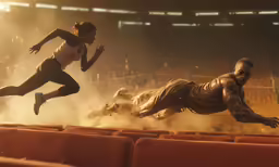 a man and woman in athletic gear running across a stadium