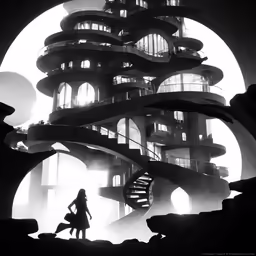a woman with a dog standing in front of a tall building