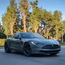 a grey electric car parked in front of trees