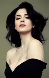 an asian woman wearing black clothing with shoulder length hair