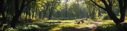 a painting shows sunlight streaming through trees into a dense forest