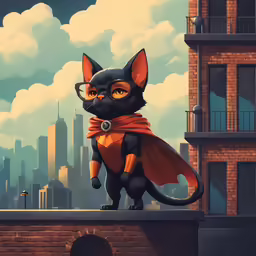 a digital painting of a cat wearing a cape and standing on top of a brick structure