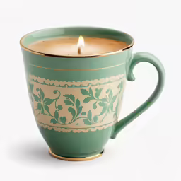 candle in an ornate green teacup filled with white liquid