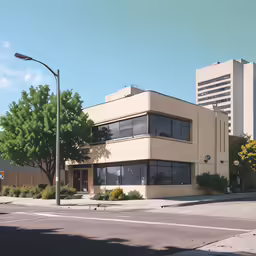 a large beige building sitting on the corner of a street