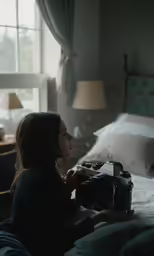a woman sitting on a bed holding a camera