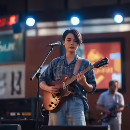 a woman in plaid shirt playing guitar on stage