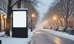 a white out sign sitting on the side of a snowy road