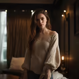 a woman standing on top of a bed wearing white