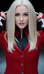 woman with long blond hair wearing red jacket and hat