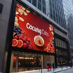 a red advertisement has food on the side