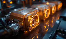three camera flash lights glowing on a table