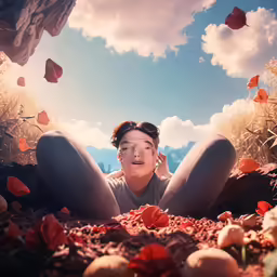 a woman laying in a field of poppies
