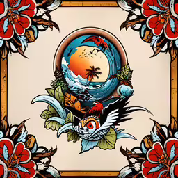 an abstract picture of a fish and some flowers,an ornate painting with flowers and waves on it