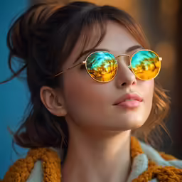 the woman is wearing her yellow sunglasses