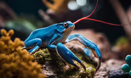 a bright blue frog is on a moss covered rock