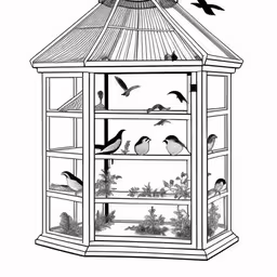 a birdcage is shown with birds flying around it,the birds are flying by the roof