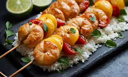 shrimp skewers with rice and vegetables are displayed on a black tray