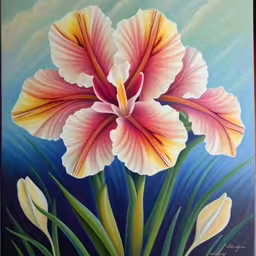 a painting of two colorful flowers on a blue background,this is a painting of an iris,painting of two flowers on canvas for sale,a painting of two pink flowers on blue background,the large painting shows two flowers in different colors