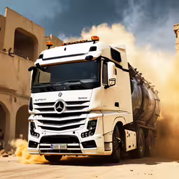 an image of a white truck driving down the street,a white truck is driving down the road