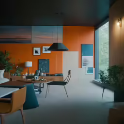 a room with orange walls and wood furniture