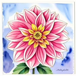 this is a picture of a watercolor dahl flower,a pink flower sitting on top of a blue and white background,a picture with flowers on it,a watercolor painting of a pink and yellow flower,a drawing of a flower that is painted on watercolor paper