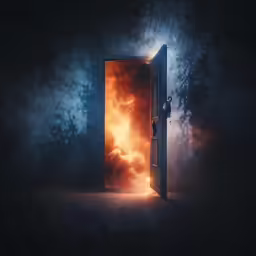an open door that is lit up in the dark