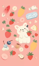 the art work on pink background shows different foods and a bear