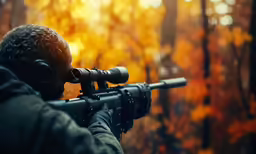 a man holding an arg looking out on a forest