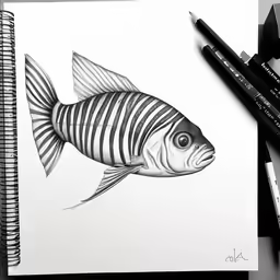 pencil drawing of a fish with long stripes