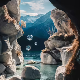 the inside of some very big rocks by the water