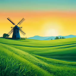 the painting is of a windmill in a rolling green field,an oil painting shows a green field with a windmill