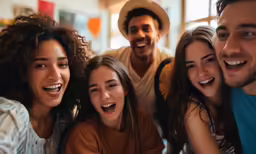 several friends are gathered around and smiling to the camera