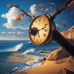 an analog clock on a beach on a windy day