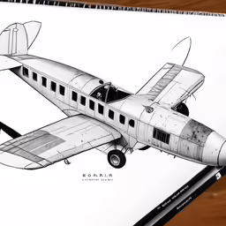 the drawing depicts a propeller plane that is on display
