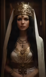 a woman in a white and gold costume