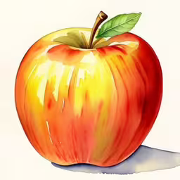 an orange colored apple with a green leaf,an apple painted on a white background